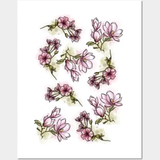 Pink Spring Flowers set, Art Nouveau flower pattern, nature, Magnolia and Cherry Blossom, Pastel, Watercolor style Posters and Art
